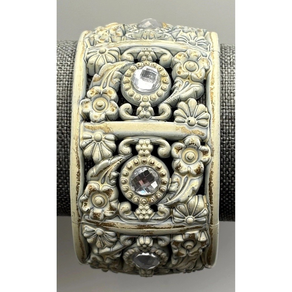 VTG Boho Floral Filigree Lucite or Plastic Hinged Cuff Bracelet Rhinestone Wide
